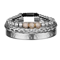 Three-piece bracelet set with Roman numeral cuff and crystal-studded gold beads - Roman Numeral Bangle Set D