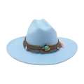 Chapeau fedora bleu clair avec bande ethnique perlée et pierre turquoise décorative - Taille unique / Rose bonbon