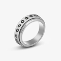 Silver stainless steel spinner ring with black daisy flower patterns for stress relief - 6mm Silver Flower Pattern
