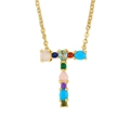 Golden letter T necklace pendant with vibrant multi-colored zircon stones and thin chain - Letter T