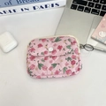 Detailed view of pink floral quilted storage pouch with zipper and snap button flap - Ruth Avatar