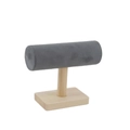Single-tier T-bar jewelry stand with grey velvet beam and solid wood base for bracelets - Gray