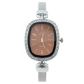 Fashionable Tadi women's quartz watch with crystal bezel and brown oval dial on silver band - Coffee