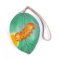 Leaf-shaped leather coin purse with cute caterpillar charm and gold zipper detail - Leaf Caterpillar (Green)