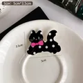Pinza para el pelo de gato negro con lunares y lazo rosa, accesorio de 5 cm - Gato de Lunares Negros