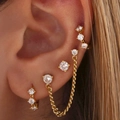 Gold plated stacked earring set with zirconia stones and fringe chain link - Stud, Chain Stud, Hoop And Ear Cuff Set (Gold)