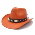Orange woven straw cowboy hat with western leather band and turquoise bead accents - M (56-58cm) / Orange
