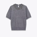 Top in maglia grigio scuro a maniche corte con decorazioni floreali in cristallo - S / Grigio