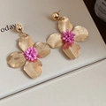Vintage golden metal flower earrings with pink center and brushed texture petals - Flower Shape Silver Pin Earrings / Pink
