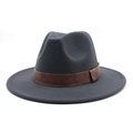 Detail of wool fedora hat with a classic brown leather band and wide flat brim - M (56-58cm) / Dark Gray