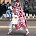 Deep red damascus print long woolen coat in a loose ankle-length fit for women - Pink Floral Pattern