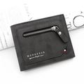 Men's dark grey bifold wallet featuring frosted texture, zipper pocket, and tricolor ribbon - Black