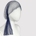 Detail of dark blue mesh headpiece with sparkling rhinestones on a white mannequin - Royal Blue AB Rhinestone