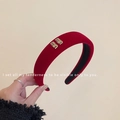 Padded wine red velvet headband with golden metallic M emblems and non-slip lining - Miu Miu Logo Velvet Style / Red