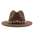 Detailed close-up of brown wool felt fedora featuring a vintage beaded hatband and gemstone - Coffee