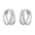 Macro shot of silver double hoop earrings with pave set crystal rhinestones on white background - Platinum Color White Zirconia