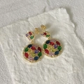 Elegant 18k gold-plated round earrings with multi-colored faceted gemstones - Gold Base Multi Color Rhinestone