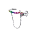 Silver earring set with cuff and stud connected by chain with rainbow zircons - 10 (Single Silver Rainbow Ear Cuff)