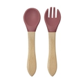 Pink silicone baby fork and spoon set with natural wood handles for infant feeding - Wooden Handle Spoon and Fork Set / Deep Pink