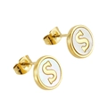 Minimalist gold stainless steel letter S stud earrings with white shell inlay for women - Letter S / Gold