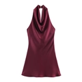 Burgundy satin halter dress with a backless design and elegant cowl neck draping - Burgundy