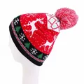 Detailed knit of Christmas beanie featuring white reindeer patterns and festive pom-pom - One Size / Adult Snowflake Reindeer