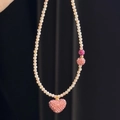 Pink gemstone beaded choker necklace with a sparkling heart pendant for women - White Pink Heart Necklace (44#)