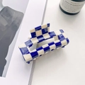 Blue and white checkerboard rectangle claw clip in polished acetate finish - 7.5cm / Navy Blue