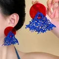 Detailed shot of retro flower bead earrings with blue weave and red acrylic pendant - Silver Post Color Block Design (15#)