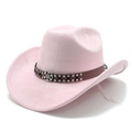 Detail of pink faux suede cowboy hat with studded leather band and metal buckle accessory - M (56-59cm) / Pink
