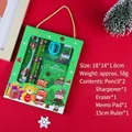 Green Christmas stationery set with pencils and notebook on a festive red background - Christmas Handheld 6-Piece Set - Green