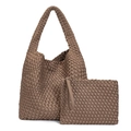 Coffee brown woven neoprene tote bag set with matching zipper pouch and hobo shoulder strap - Khaki