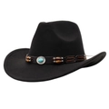 Black wool felt western cowboy hat with brown leather band and turquoise stone accent - Kids [52-54cm] / Black Cowboy (Wood Beads & Turquoise)