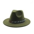 Detail of olive green fedora hat featuring ethnic beaded leather band and wide felt brim - Army Green