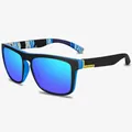 Polarized sports sunglasses with black square frame and blue-purple mirrored lenses - Black Frame Blue-Purple Mirror with Yellow Decor