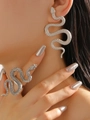 Silver snake jewelry set featuring textured drop earring and adjustable ring for women - White K Earrings and Antique Silver Ring