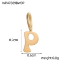 Macro detail of golden stainless steel letter P pendant with dimensions 0.9cm x 0.6cm - Letter-P / Gold