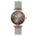 Rose gold quartz watch with grey leaf pattern dial and elastic metal stretch band - Gray