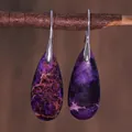 Vintage teardrop earrings with natural purple emperor stone on rustic wood branch - Purple Natural Stone Style (ER1025-7)