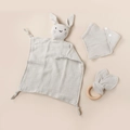 Three-piece baby set with grey cotton muslin bunny comforter, bib, and wooden teething ring - 30*30 cm / Light Gray