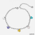 Tobillera de acero con cinco mariposas de esmalte de colores y cadena ajustable - Estilo de Colgante de Mariposa (JAP470) / Plateado