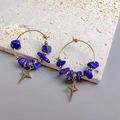 Detail of bohemian gold hoop earrings with blue crushed stones and star charm pendant - Star
