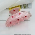 Pink marble acetate hair claw clip with red heart accents and sparkling rhinestones - Pink Heart Rhinestone