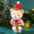 Detail of cute beige plush bear wearing a red LOVE hat and striped Christmas scarf - 15-18cm / Teddy Fleece Bear + Red Hat Red White Scarf
