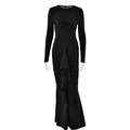 Abito lungo nero a maniche lunghe con nodo drappeggiato e orlo a balze elegante - S / Nero