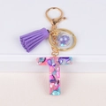 Letter T resin keychain with purple tassel and colorful seashell fragments in gold hardware - Letter T(5859543255625)