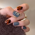 Autumn tortoiseshell press-on nails with grey solid color and silver cross design - JP2976 (Glue Style)