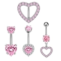 Pink heart zircon belly ring set with polished silver stainless steel piercing studs - Pink Heart Set