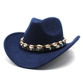Détail d'un chapeau fedora bleu foncé avec ruban ethnique et ornements en coquillages - M (56-58cm) / Bleu marine