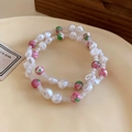 Multi-layer beaded bracelet with pink and green floral glass beads and pearls - White-Pink